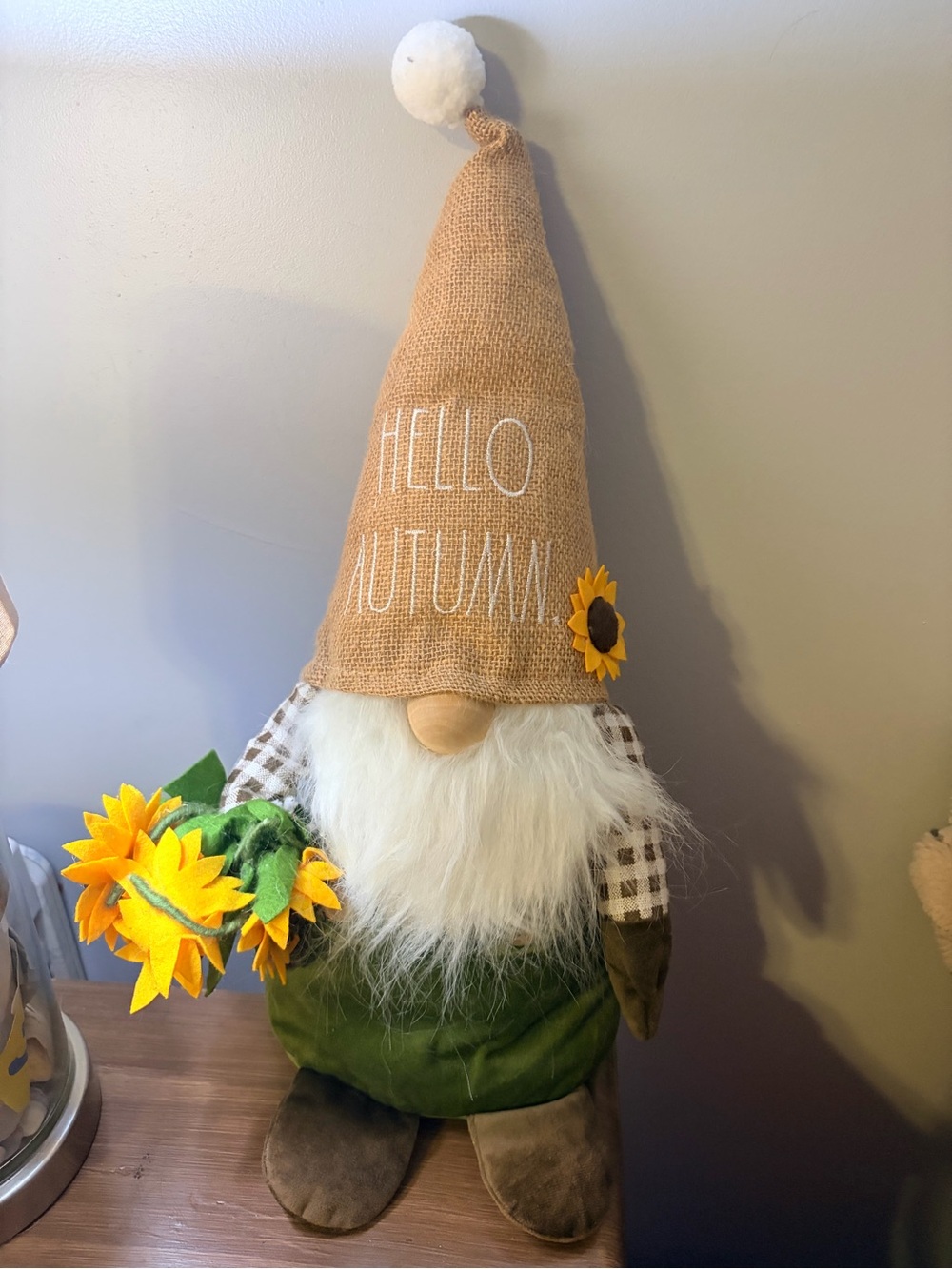 Rae Dunn Fall Gnome - Tan Hat, White Beard, Green Outfit, Yellow Sunflowers